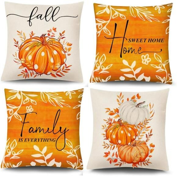 Fall Pumpkin Pillow Covers 18x18 Set of 4 Linen Throw Cases Autumn Thanksgiving - Picture 1 of 7